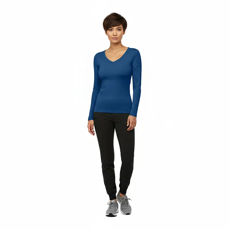 Wholesale women's blue long-sleeve v-neck top with black jogger pants and gray sneakers