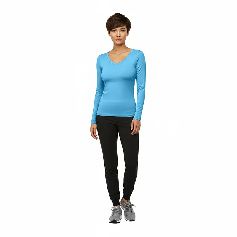 Wholesale women's blue long-sleeve v-neck top with black jogger pants and gray sneakers