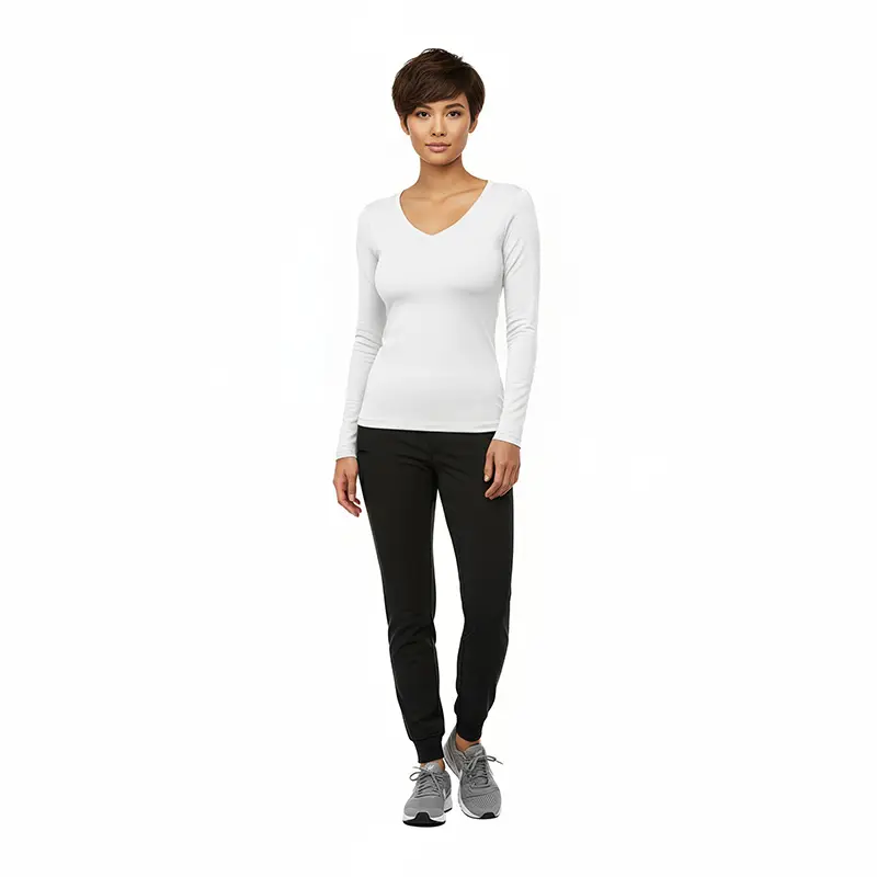 Wholesale women's white long-sleeve v-neck top with black jogger pants and gray sneakers