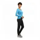 Wholesale women's blue long-sleeve v-neck top with black pants and gray sneakers