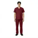 Wholesale men's burgundy scrub set with v-neck top and cargo pants