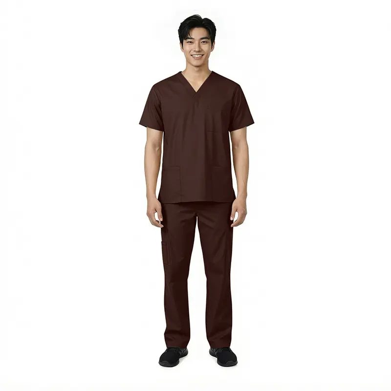 Wholesale men's brown v-neck scrub top and pants set with chest pockets