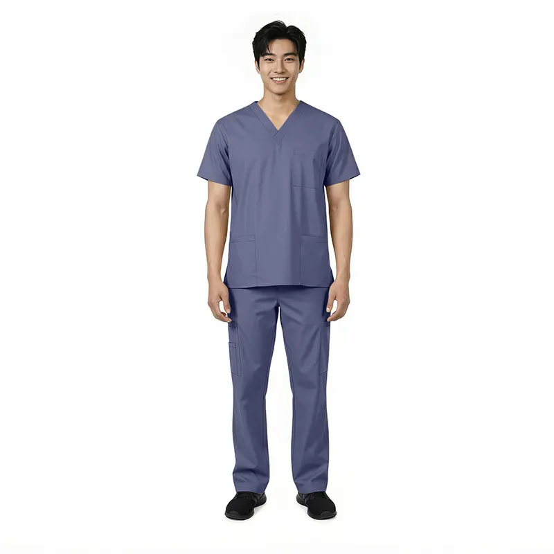 Wholesale men's slate blue scrub set with v-neck top and cargo pants featuring multiple pockets