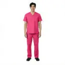 Wholesale men's hot pink v-neck scrub top and cargo pants set with short sleeves and multiple pockets