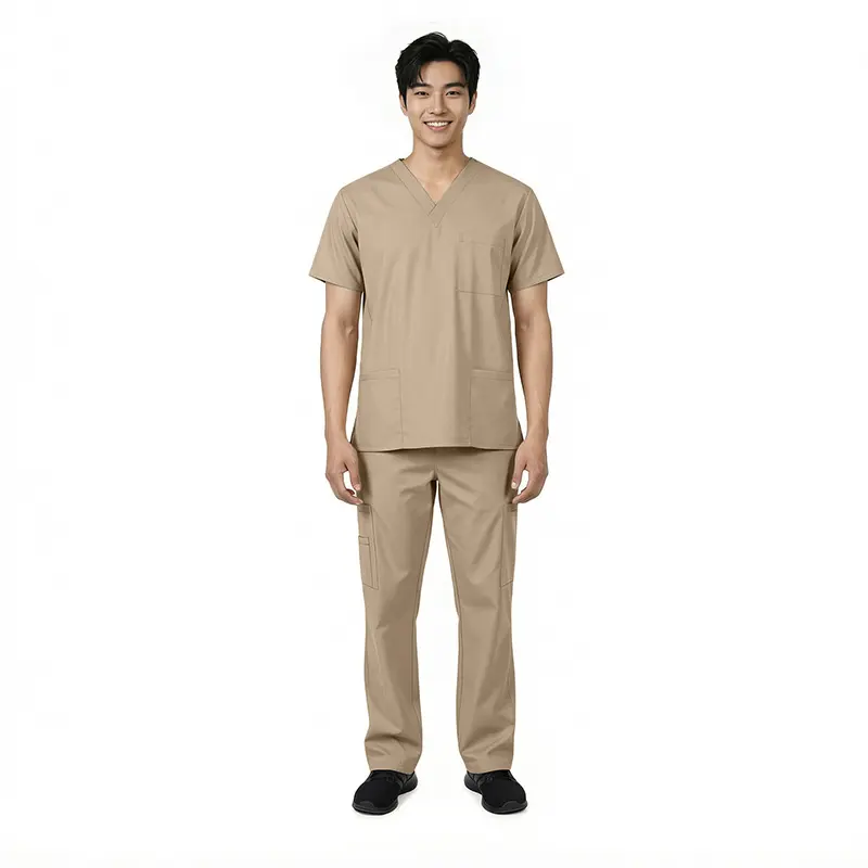 Wholesale men's tan v-neck scrub top and cargo pants set with short sleeves and multiple pockets