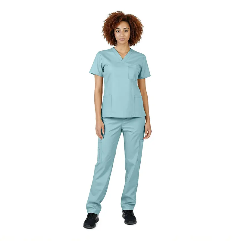 Wholesale women's seafoam scrubs set with short-sleeve v-neck top and cargo pants with pockets