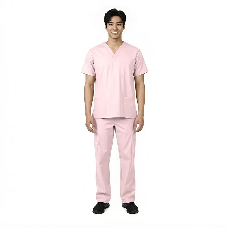 Wholesale men's pink scrub set with short-sleeve v-neck top and cargo pants with pockets