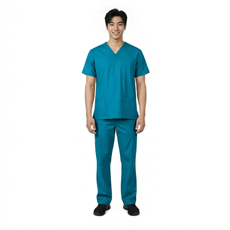 Wholesale men's teal scrubs set with short-sleeve v-neck top and cargo pants with black shoes