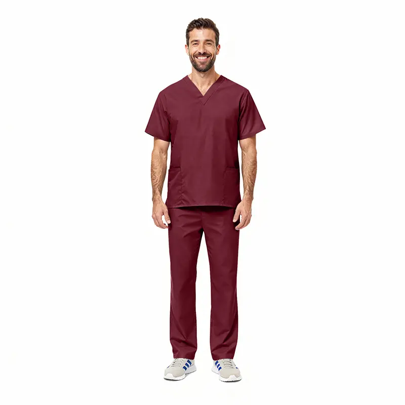 Wholesale men's burgundy v-neck scrub set with short sleeve top and straight leg pants