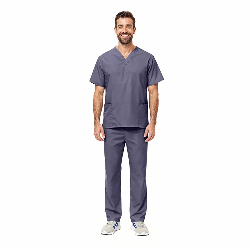 Wholesale men's scrub set with gray v-neck top and matching pants with pockets