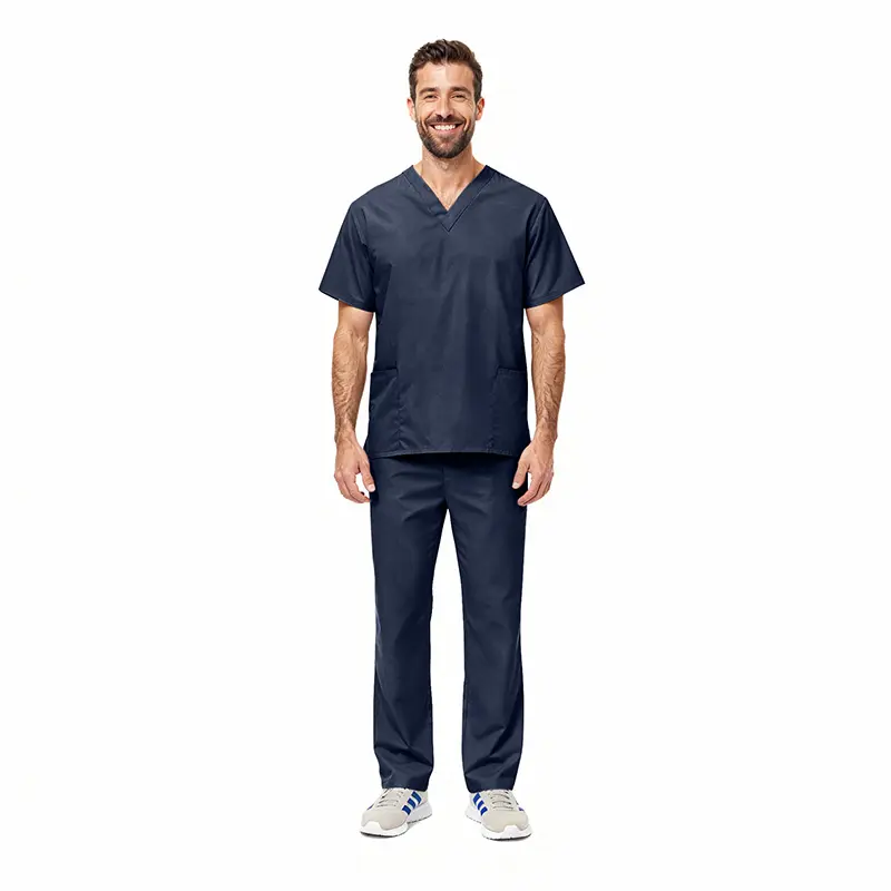 Wholesale men's navy scrubs set with short-sleeve v-neck top and straight-leg pants