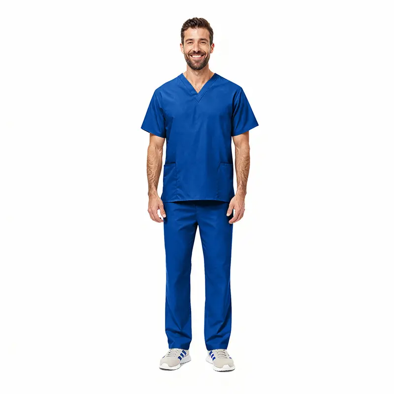 Wholesale men's blue v-neck scrub set with short-sleeve top and straight-leg pants
