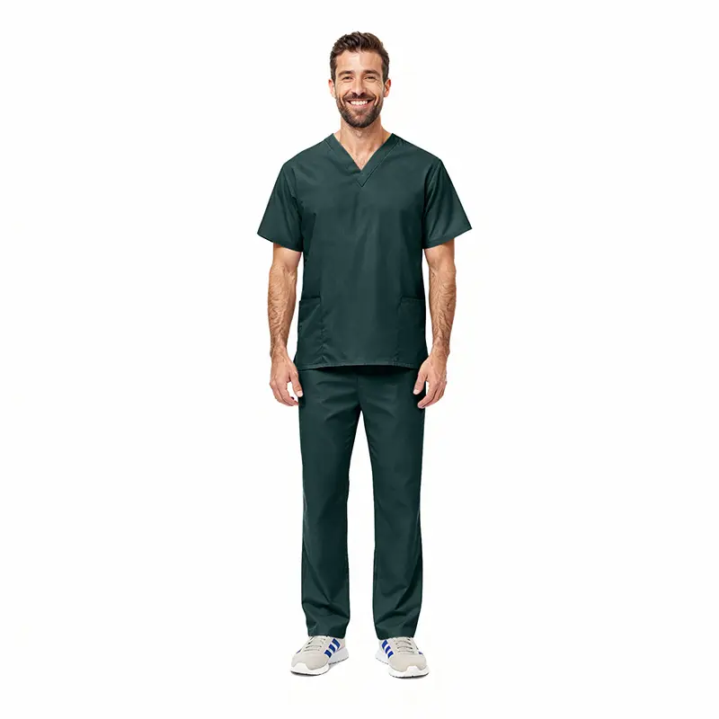 Wholesale men's dark green scrubs set with short-sleeve v-neck top and straight-leg pants
