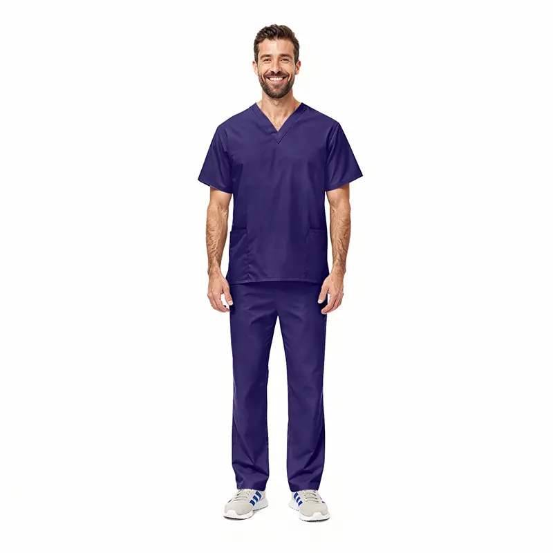 Wholesale men's navy blue v-neck scrub top and pants set with short sleeves