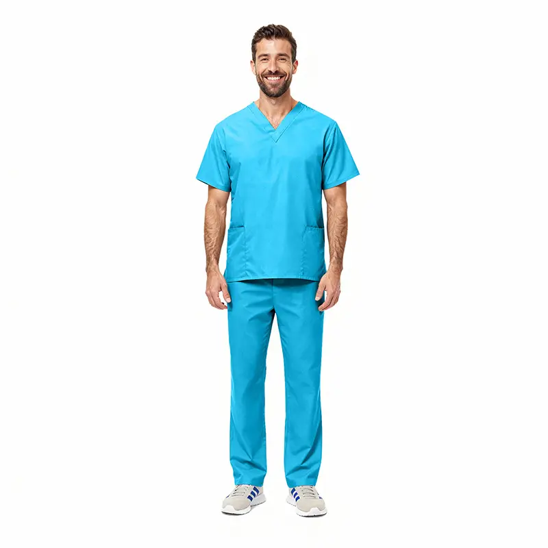 Wholesale men's turquoise scrubs set with v-neck top and drawstring pants
