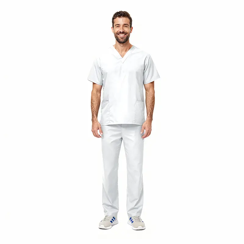 Wholesale men's white v-neck scrub top and pants set with pockets and blue sneakers