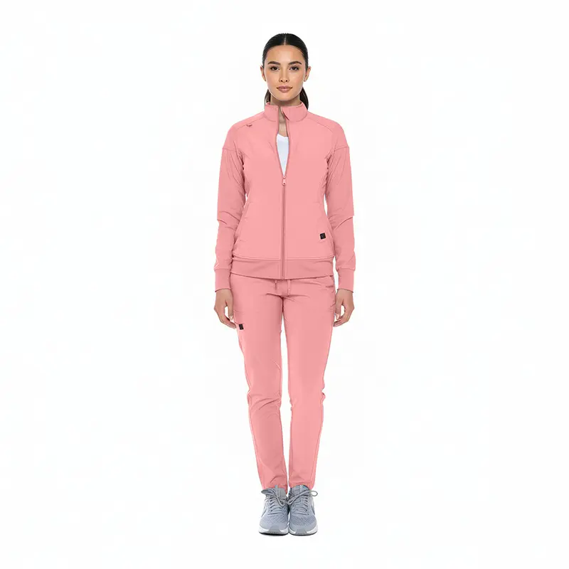 Wholesale women's pink zip-up track jacket and matching jogger pants set with white undershirt