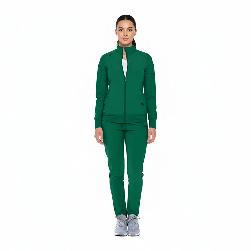 Wholesale women's green zip-up track jacket and matching jogger pants set with white sneakers