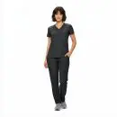 Wholesale women's black v-neck scrub top and cargo pants set with short sleeves