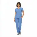 Wholesale women's blue v-neck scrub top and cargo pants set with short sleeves and multiple pockets