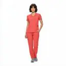Wholesale women's coral scrub set with v-neck top and cargo pants with multiple pockets