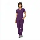 Wholesale women's purple v-neck scrub top and cargo pants set with short sleeves