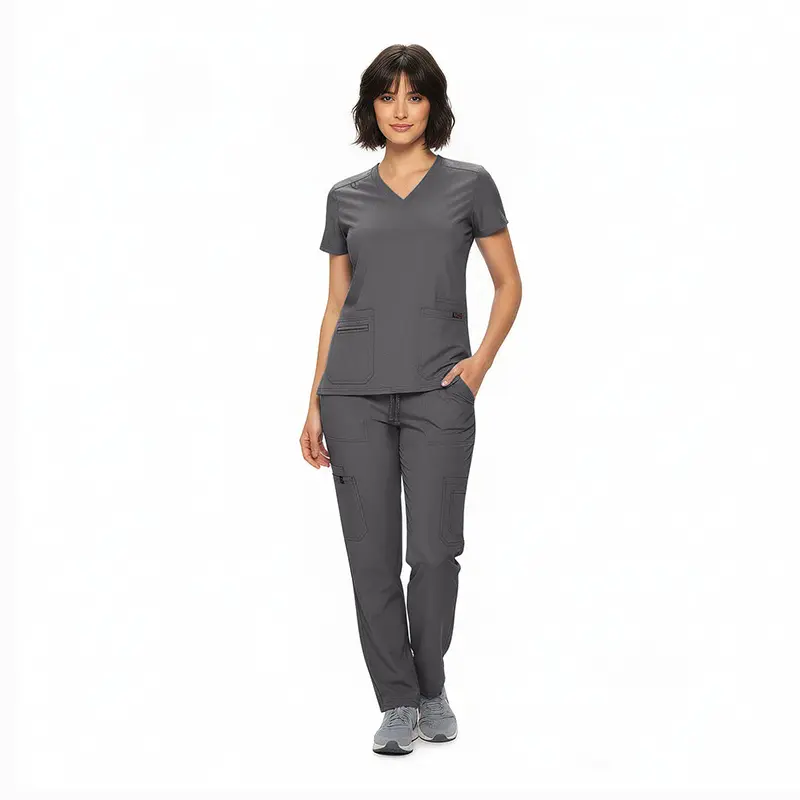 Wholesale women's charcoal grey v-neck scrub top and cargo pants set with pockets