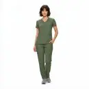 Wholesale women's olive green v-neck scrub top and cargo pants set with pockets