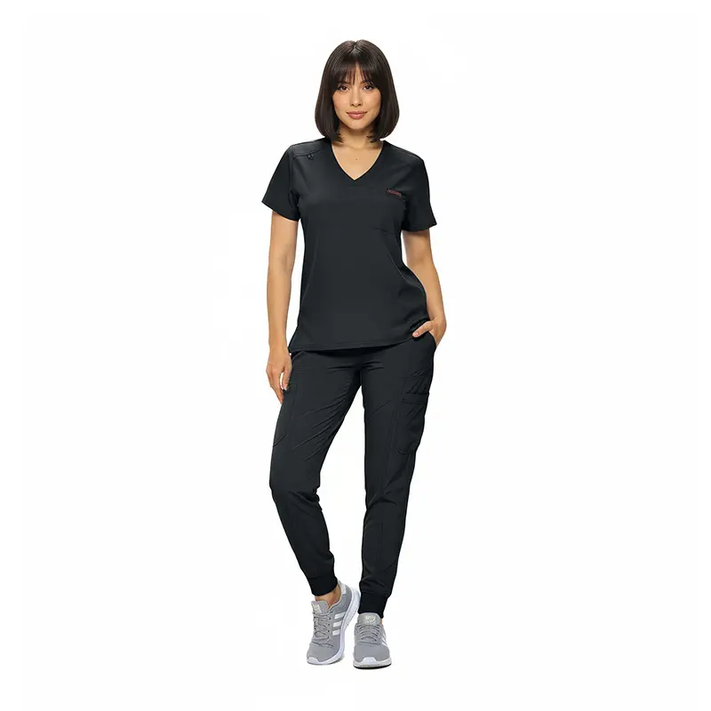 Wholesale women's black v-neck scrub top and cargo pants set with short sleeves