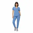 Wholesale women's blue v-neck scrub top and jogger pants set with chest pocket