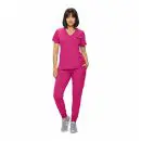 Wholesale women's magenta v-neck scrub top and jogger pants set with short sleeves and cargo pockets