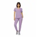 Wholesale women's lavender v-neck scrub top and jogger pants set with pockets