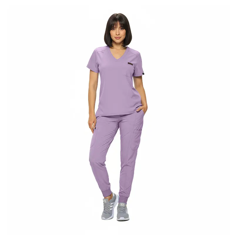 Wholesale women's purple v-neck scrub top and jogger pants set with chest pocket