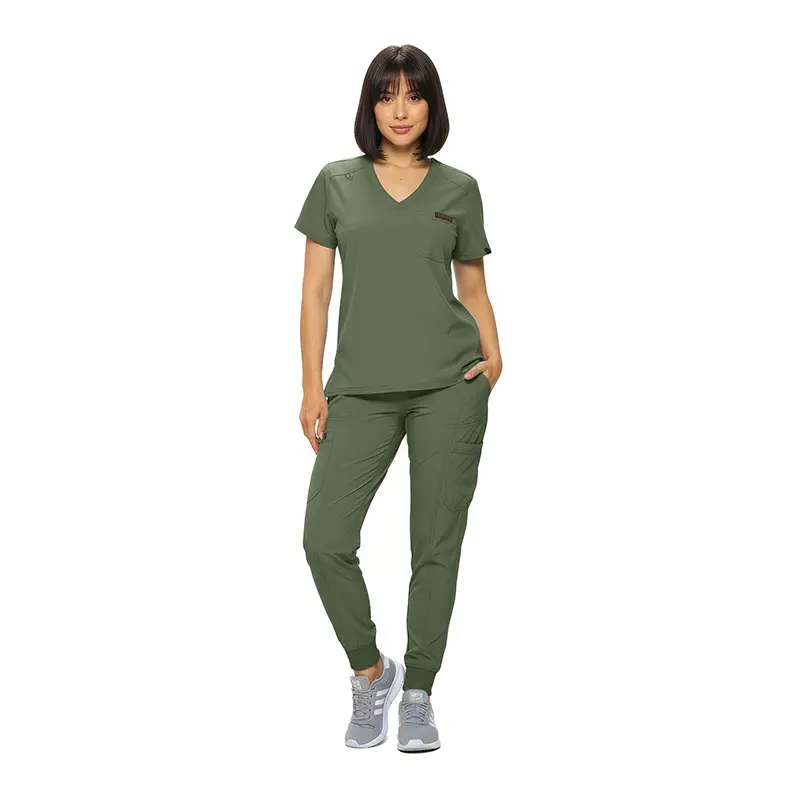 Wholesale women's sage green v-neck scrub top and jogger pants set with pockets