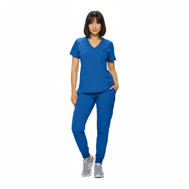 Wholesale women's royal blue v-neck scrub top and jogger pants set with short sleeves and cargo pockets
