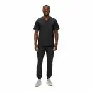Wholesale men's black v-neck scrub top and jogger pants set with chest pocket