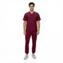 Wholesale men's burgundy v-neck scrub set with short sleeve top and jogger pants