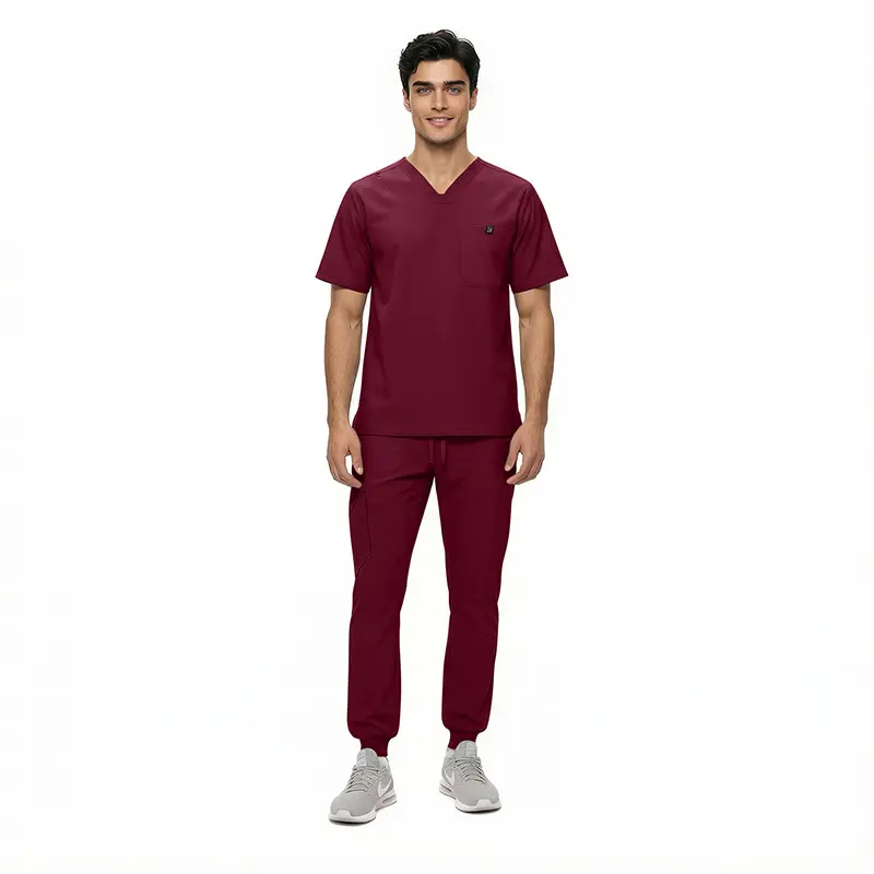 Wholesale men's burgundy v-neck scrub set with short sleeve top and jogger pants