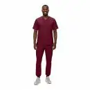 Wholesale men's burgundy v-neck scrub top and pants set with chest pocket and jogger-style bottoms