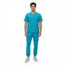 Wholesale men's teal scrubs set with v-neck top and jogger pants