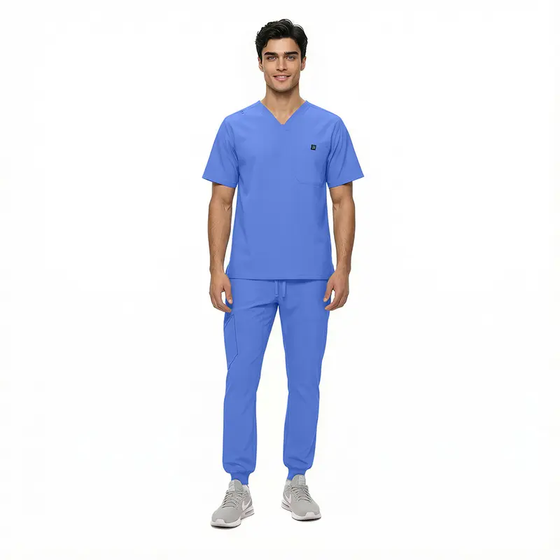 Wholesale men's blue v-neck scrub top and pants set with chest pocket and drawstring waist