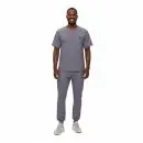 Wholesale men's gray v-neck scrub top and matching pants set with chest pocket