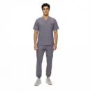 Wholesale men's gray v-neck scrub top with chest pocket and matching jogger pants