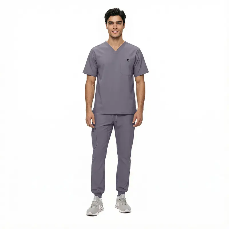 Wholesale men's gray v-neck scrub top with chest pocket and matching jogger pants