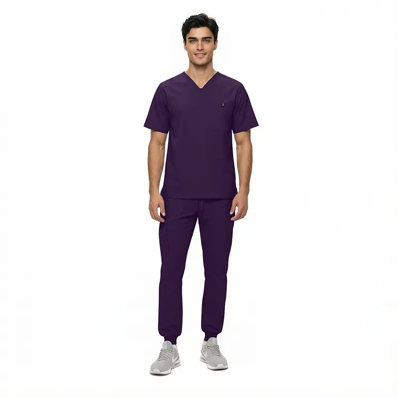 Wholesale men's purple v-neck scrub top and jogger pants set with chest pocket