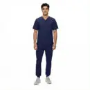 Wholesale men's navy blue v-neck scrub top and jogger pants set