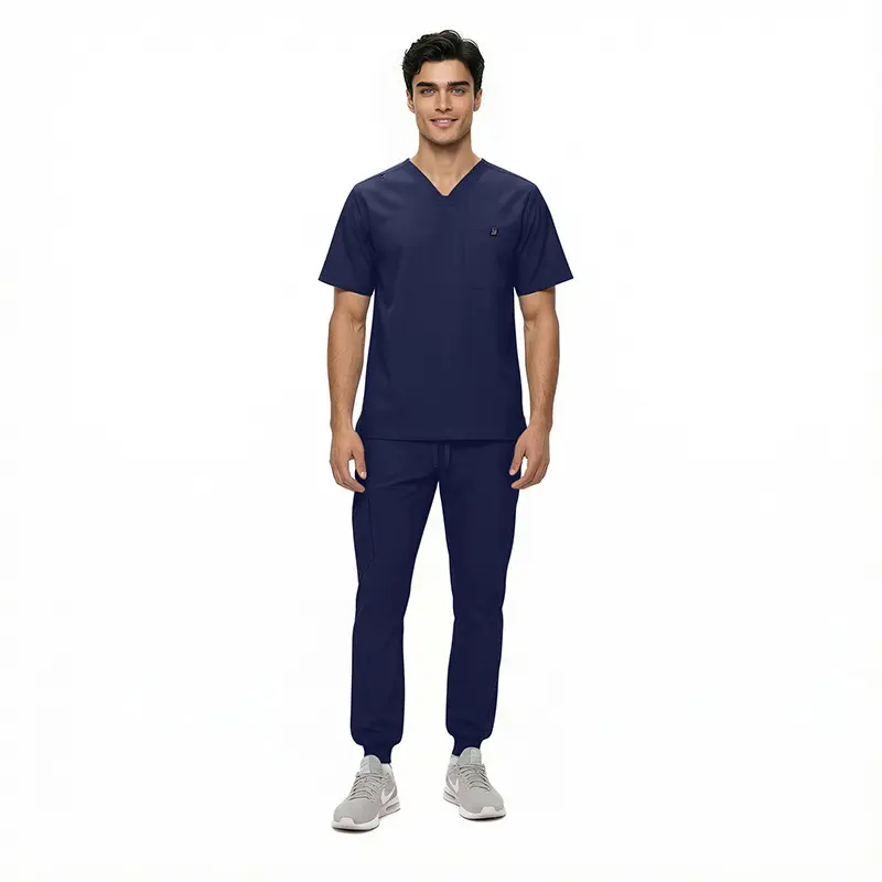 Wholesale men's navy blue v-neck scrub top and jogger pants set
