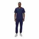 Wholesale men's navy v-neck scrub top and jogger pants set with small logo detail