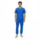 Wholesale men's blue v-neck scrub top and jogger pants set with chest pocket