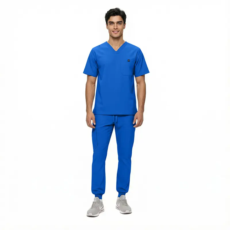 Wholesale men's blue v-neck scrub top and jogger pants set with chest pocket